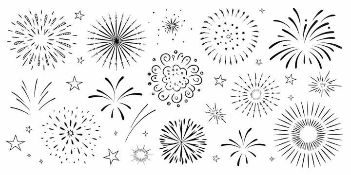 Fireworks Sketch Collection Hand Drawn Black And White Vector Illustration