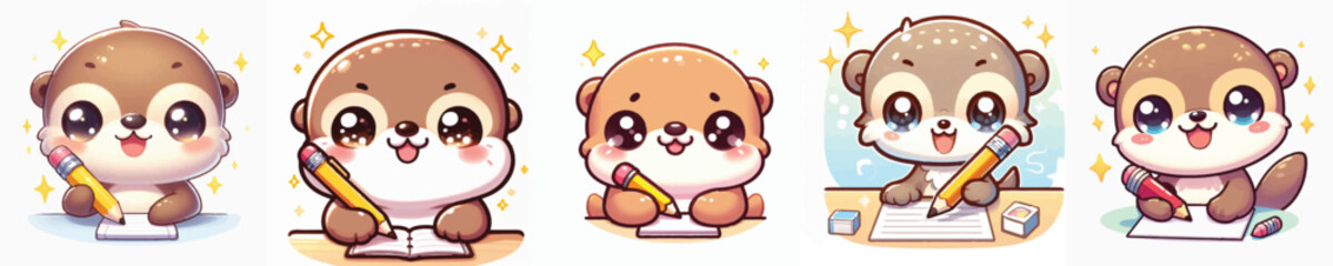 Vector of a cute cartoon otter character holding a pencil © FirdianKrisna