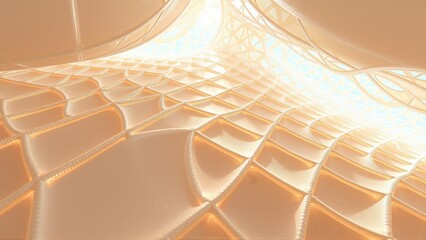 Fototapeta premium Abstract architecture, curved lines, warm tones, light source creates dramatic effect. Modern design, futuristic impression, complex geometry.