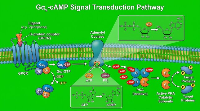 Molecular Signal Transduction Pathway Illustration in Vibrant Scientific Diagram Style