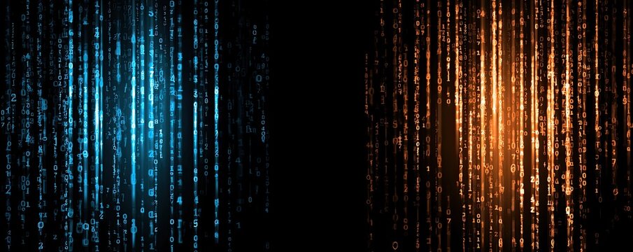 Digital rain effect with blue and orange vertical lines of glowing characters on black background