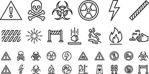 Fototapeta premium Industrial safety and warning sign line icons set vector outline illustration featuring hazard danger alert skull radiation biohazard fire and toxic symbols.