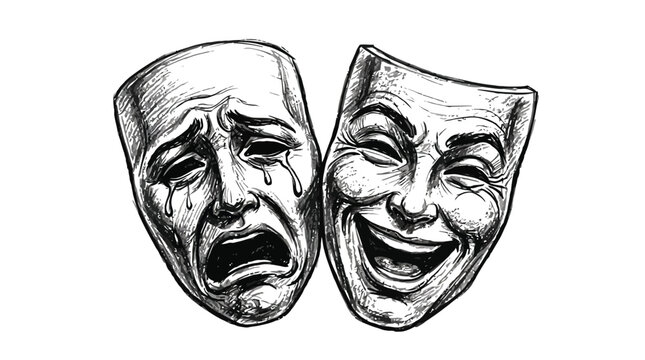 Detailed graphite pencil sketch showing classic theatrical tragedy and comedy masks with expressive emotional facial features