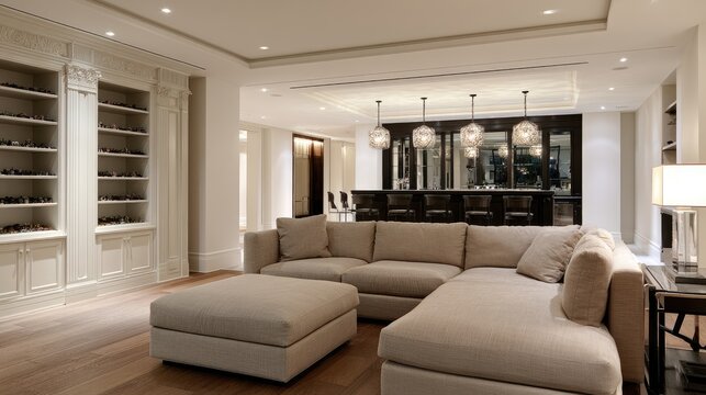 Luxurious, spacious living area with large sectional, built-in shelving, and bar
