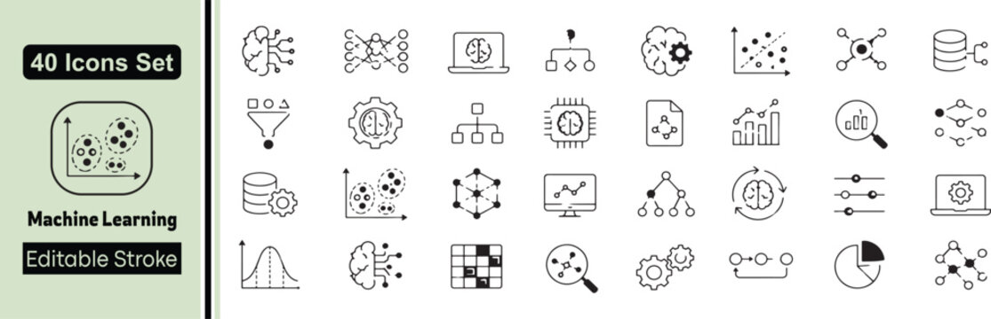 Set of 40 Machine Learning Editable Line Icons
