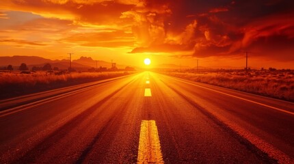Obraz premium Asphalt highway stretching towards a glowing sunset in the desert landscape with intense heat waves shimmering over the road surface under dramatic sky