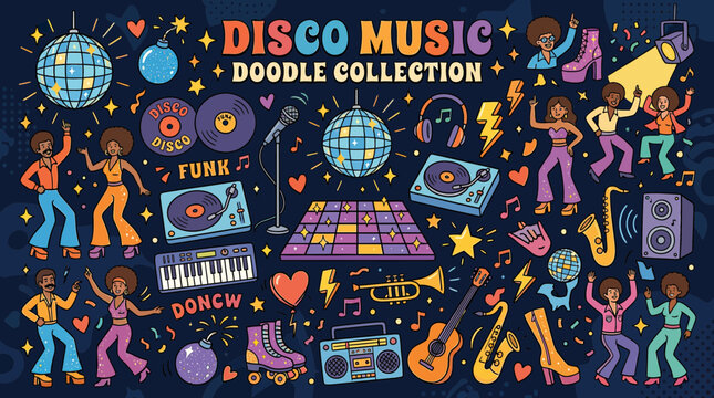 Retro disco music doodle collection with dancers and instruments