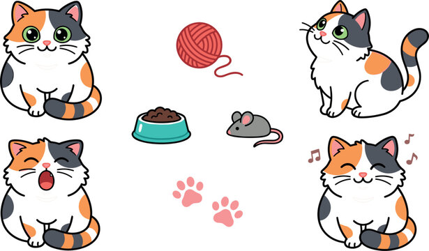 Cute calico cat cartoon character collection showing kitty sitting yawning smiling purring with wool yarn ball food bowl toy mouse and paw prints vector asset setCute calico cat cartoon character coll
