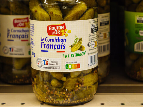 Bouton d'Or product in jar. Cornichons francais, french pickled cucumbers with tarragon