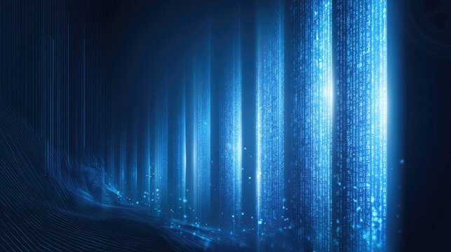 Digital streams of light and data ascend from a glowing, futuristic landscape