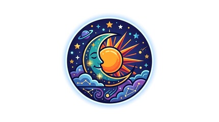 Naklejka premium Celestial bodies sun moon stars clouds cosmic scene