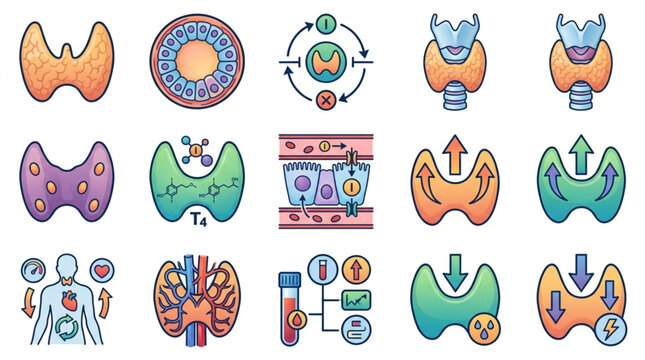 Thyroid Gland Anatomy and Function Medical Illustrations Set.