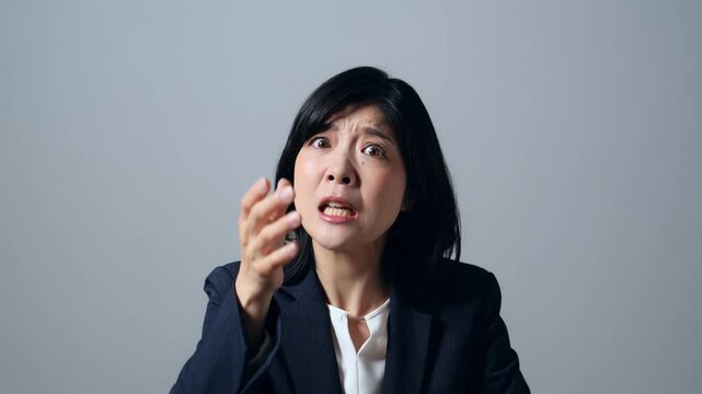 怒って訴える女性。不満、怒り、イライラ、クレーム、苦情、反対、抗議、意見、主張、口論、感情、叫ぶ