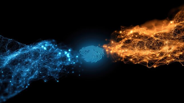 Abstract digital fingerprint merges two glowing energy forms on black background
