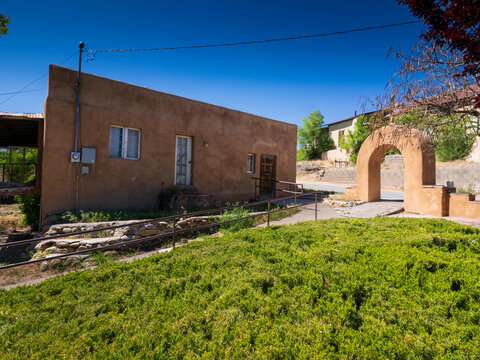 The entrance and office building of the Santuario de Chimayo, a small Roman Catholic church known for its "holy dit" which is believed to have healing powers