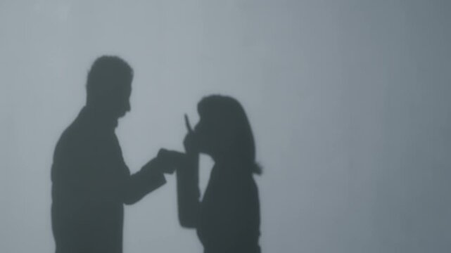 口論する男女のシルエット。カップル、夫婦、喧嘩、対立、険悪、同僚、仕事、不満、言い争い、注意、論争