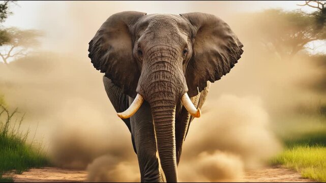 Majestic wild bull elephant kicking up dust while charging through the african savannah at sunset