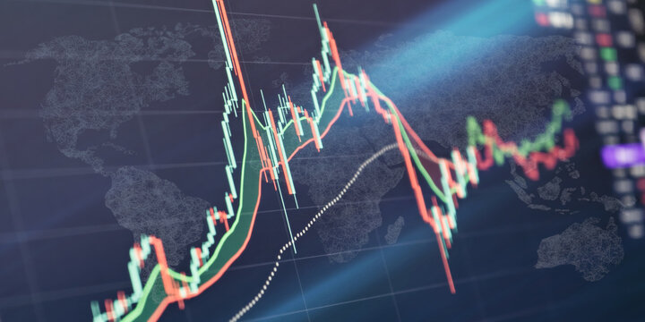 Global financial market chart with world map background. Cryptocurrency and stock exchange trading concept.