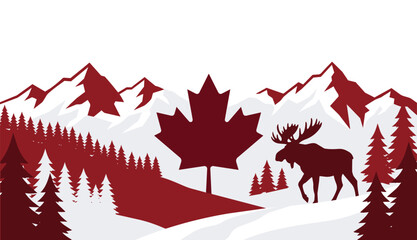 Flat design illustration of Canada featuring a red maple leaf, snowy mountains, pine forest, and a moose silhouette, ideal for Canada Day and nature themed designs. © Laode