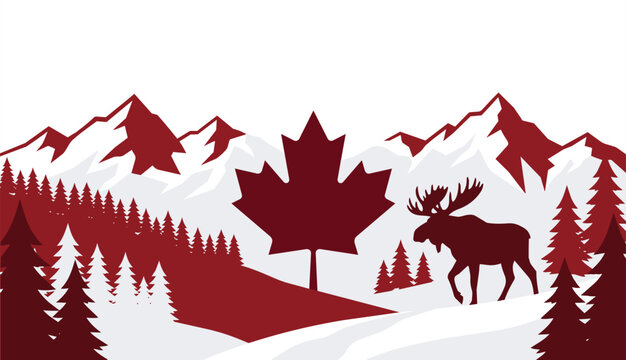 Flat design illustration of Canada featuring a red maple leaf, snowy mountains, pine forest, and a moose silhouette, ideal for Canada Day and nature themed designs.