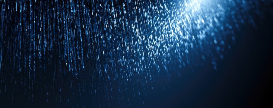 Digital rain effect with a bright light source on the upper right side