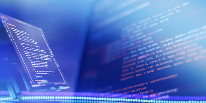 Abstract technology background showing programming code on a digital screen. Concept of data science, machine learning, and big data analytics in a glowing blue cyberspace.
