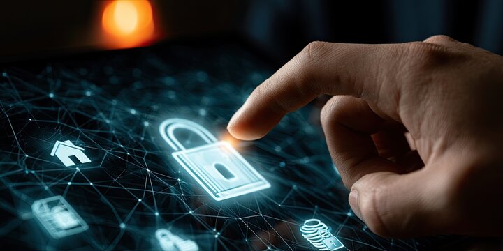 Hand touching digital padlock icon, representing cybersecurity and digital access
