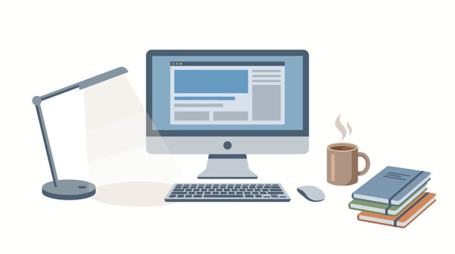 Computer workstation set up with a desk lamp, a monitor, a keyboard, a mouse, a coffee mug, and a stack of notebooks serves as a clean workspace.