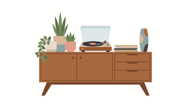 Turntable rests on a midcentury sideboard accompanied by lush houseplants and a stack of vinyl records.