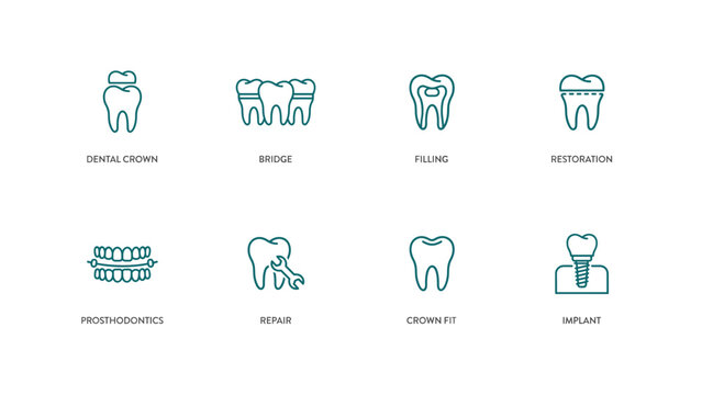 Dental crown and bridge restoration icons &ndash; Perfect for prosthodontics clinic branding, tooth replacement flyers, or dental blogs.