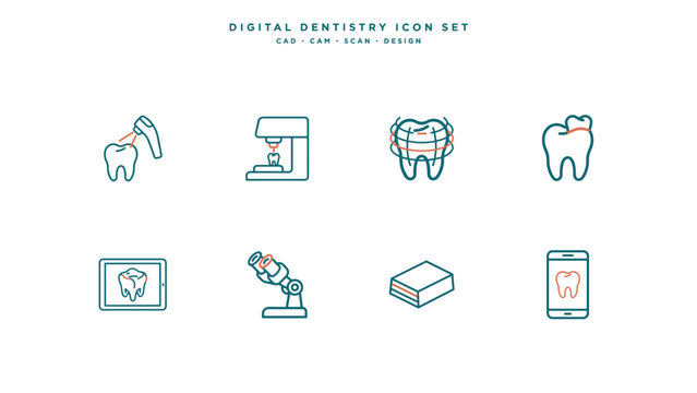 Digital dentistry technology icons &ndash; Suitable for CAD CAM laboratory websites, 3D scanner marketing, or clinic innovations.