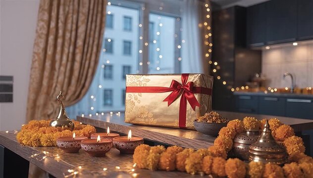 Elegant product-style of a beautifully wrapped Diwali gift hamper resting beside glowing diyas, marigold garlands, brass ornaments and soft fairy lights inside a modern apartment, luxurious styling.
