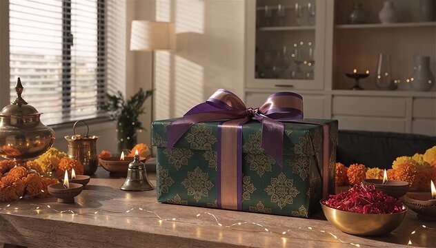 Elegant product-style of a beautifully wrapped Diwali gift hamper resting beside glowing diyas, marigold garlands, brass ornaments and soft fairy lights inside a modern apartment, luxurious styling.
