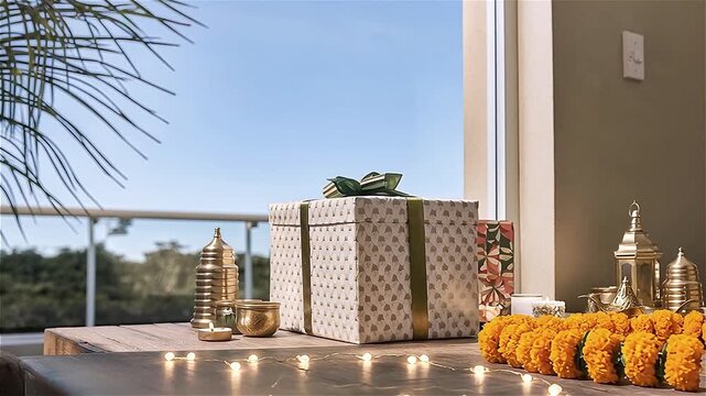 Elegant product-style of a beautifully wrapped Diwali gift hamper resting beside glowing diyas, marigold garlands, brass ornaments and soft fairy lights inside a modern apartment, luxurious styling.
