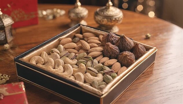 Close-up of anonymous hands arranging premium almonds, pistachios, cashews and dried figs inside a luxury Diwali gift box, wooden dining table, warm ambient lighting, authentic festive styling.
