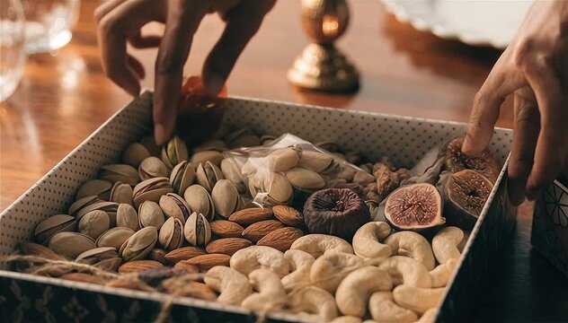 Close-up of anonymous hands arranging premium almonds, pistachios, cashews and dried figs inside a luxury Diwali gift box, wooden dining table, warm ambient lighting, authentic festive styling.
