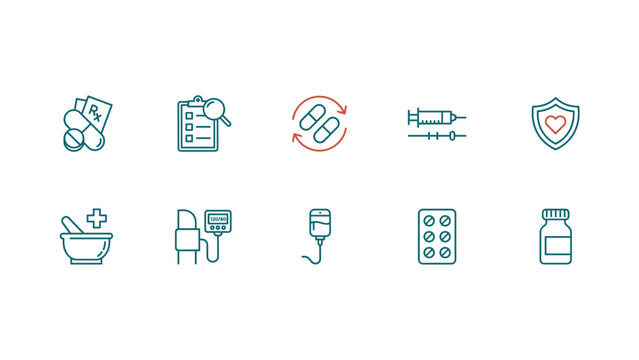 Clinical pharmacy patient safety icons &ndash; Perfect for drug interaction apps, pharmacist training modules, or medical portal UI.