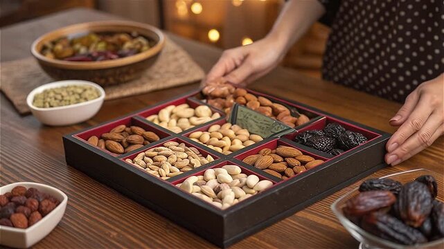 Close-up of anonymous hands arranging premium almonds, pistachios, cashews and dried figs inside a luxury Diwali gift box, wooden dining table, warm ambient lighting, authentic festive styling.

