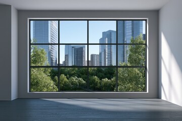 Fototapeta premium Bright, airy room with a large window overlooking a green park and modern cityscape