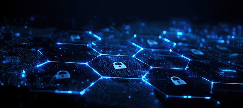 Glowing blue hexagonal grid with locked icons on dark background