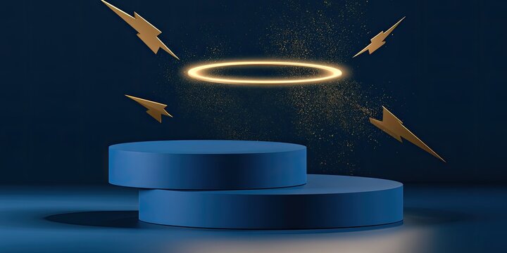 Blue podium with golden lightning bolts and glowing ring on dark blue