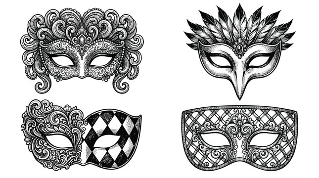 Four intricate black and white venetian carnival masks featuring detailed filigree patterns and elegant feathered textures