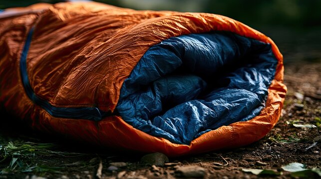Rolled sleeping bag with orange exterior and blue interior on ground