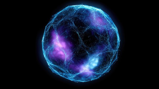 Luminous sphere with intricate network, glowing purple nebulae within
