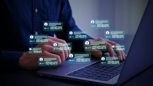 Businessman using laptop with digital customer data interface for social media marketing, audience engagement, online communication, CRM management and targeted business analytics.