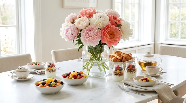 Beautiful bouquet of pink and orange peonies in a glass vase on a bright dining room breakfast table. centerpiece breakfast setup