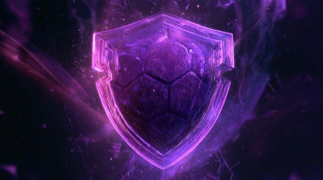A glowing hexagonal shield radiates with purple energy and digital particles