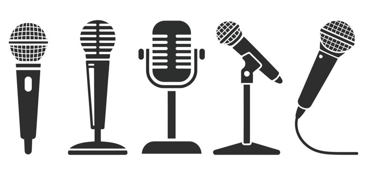 Microphone icon set, featuring black modern and classic mic symbols on white background, audio recording, podcast, broadcasting, music, and clean flat vector design.