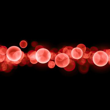 Soft red glowing orbs float across a dark background