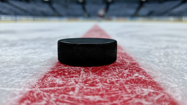 Close-up view of a hockey puck on the ice rink's red line